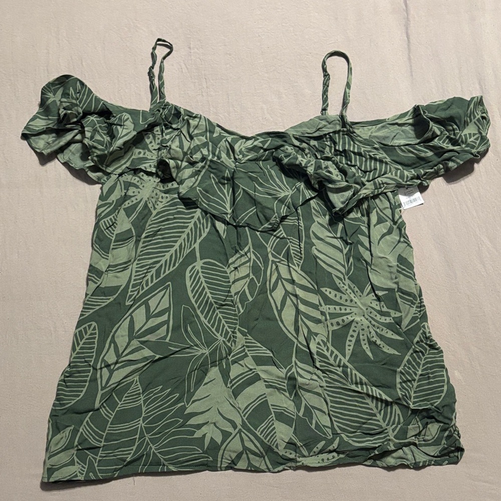Green Leaf Print Off-Shoulder Top